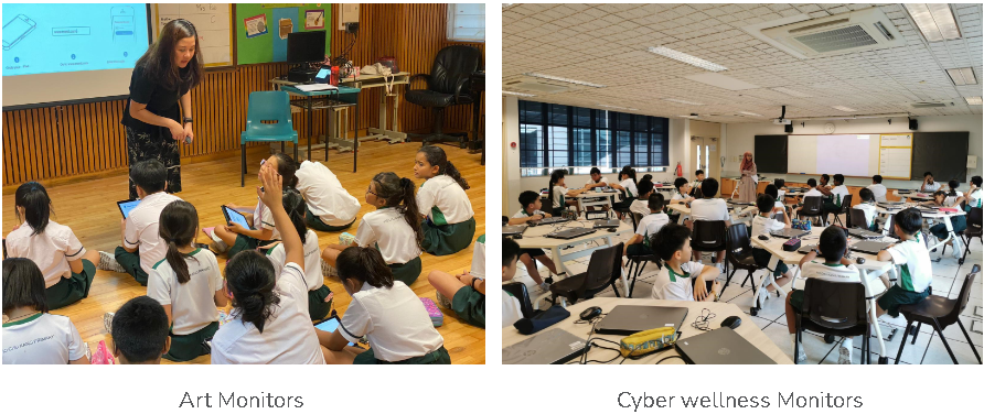 Two classroom scenes: students sitting on a floor with tablets, and students at desks facing a whiteboard.